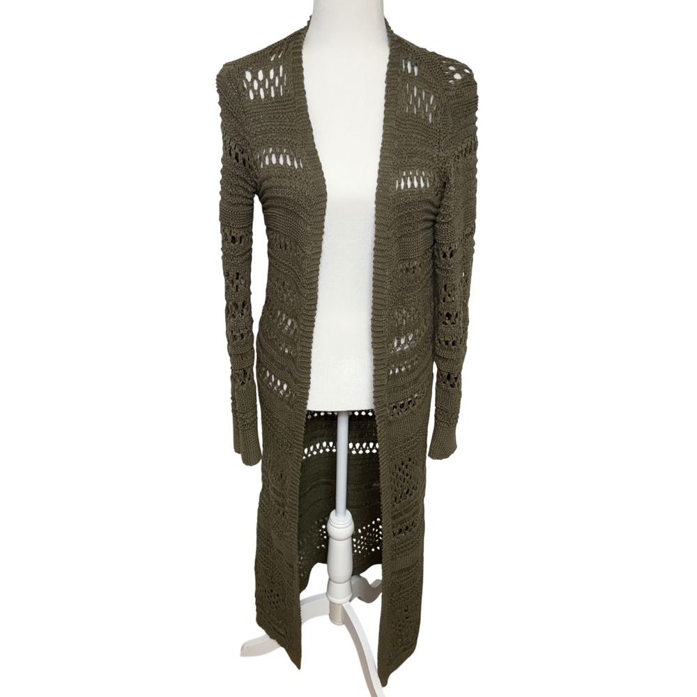 BCBG MAXAZRIA Olive Green Crochet Open Knit Duster Cardigan XS Boho Cottage Fall